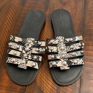 Marc Fisher Black and Cream Snake Print Sandals
